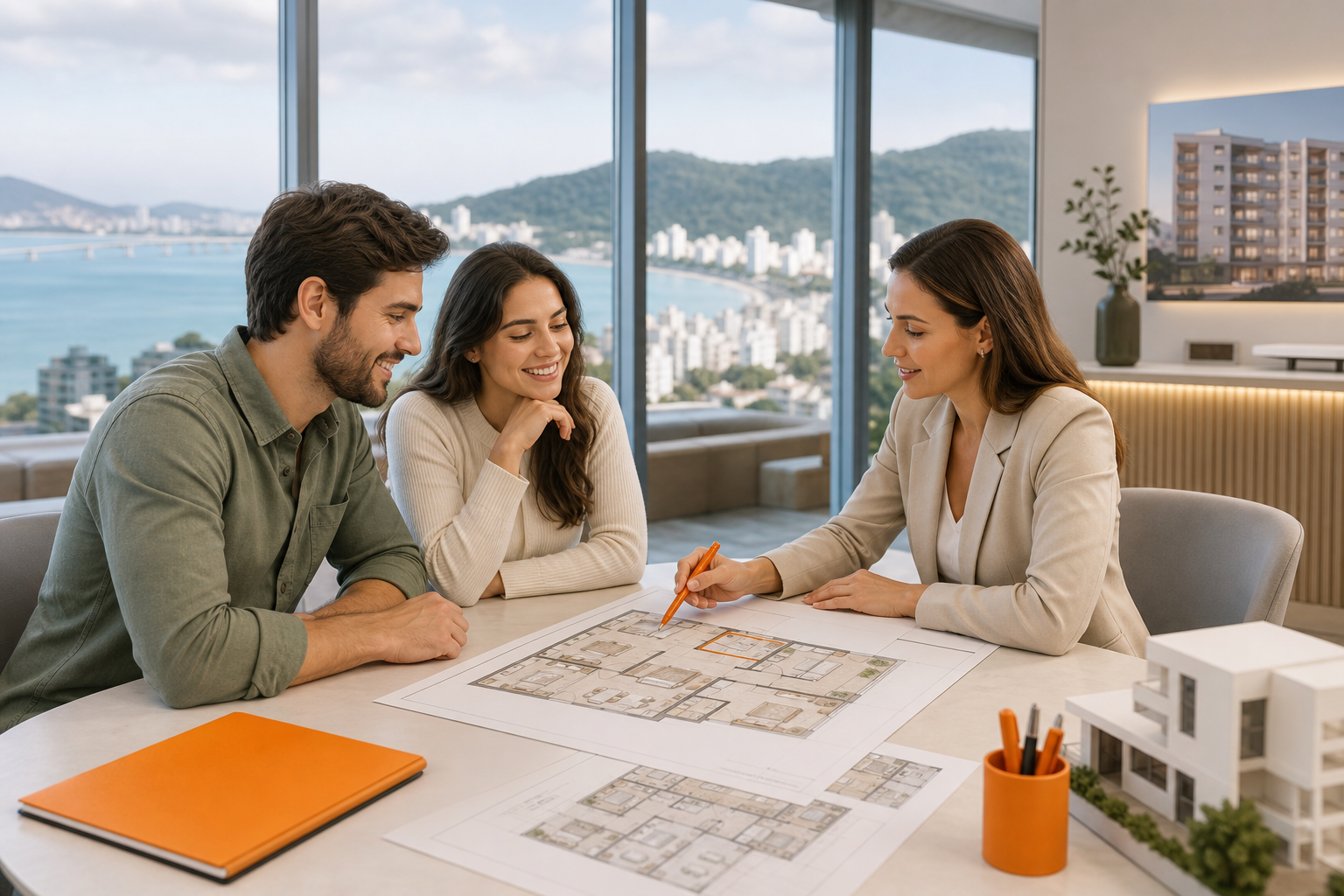 Casal analisando plantas do Vivapark Vista Jardins com consultor imobiliário antes da compra