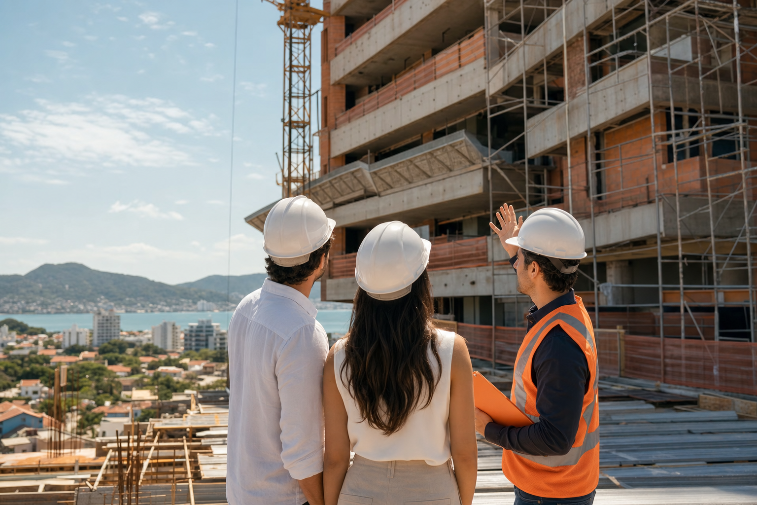 Casal com capacete acompanhando a construção do Vivapark Vista Jardins em Porto Belo